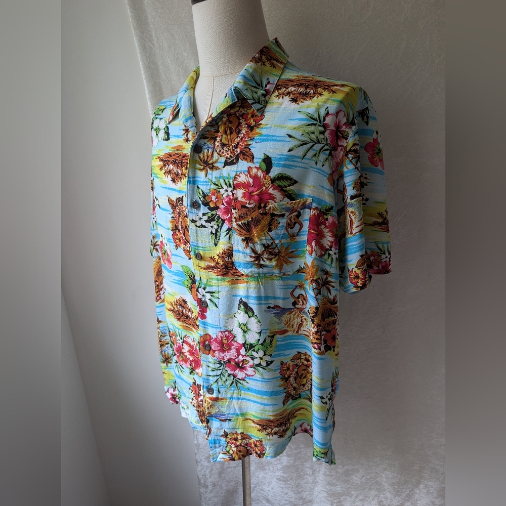 George XL Hula Dancers And Ukulele Floral Rayon Button Down Shirt